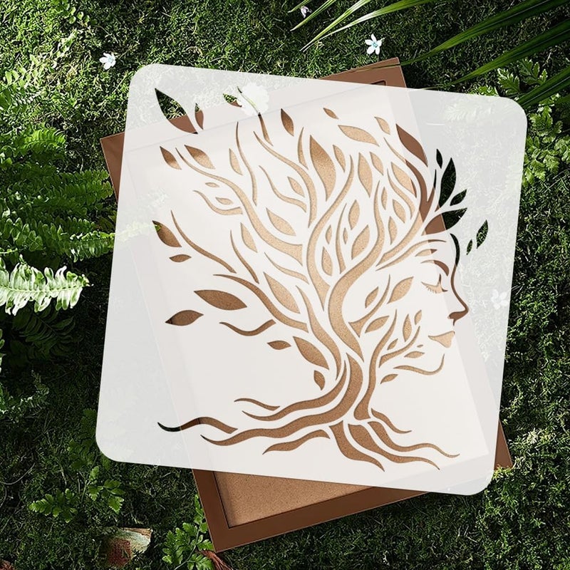 DOODLREAM Tree Woman Face Stencil for Painting, 11.8"x11.8" Plastic Tree of Life Stencil Drawing Templates, Woman Leaves DIY Craft Paint Template for Wall Home Decor Wood Burning Card Journal Paper - Image 4